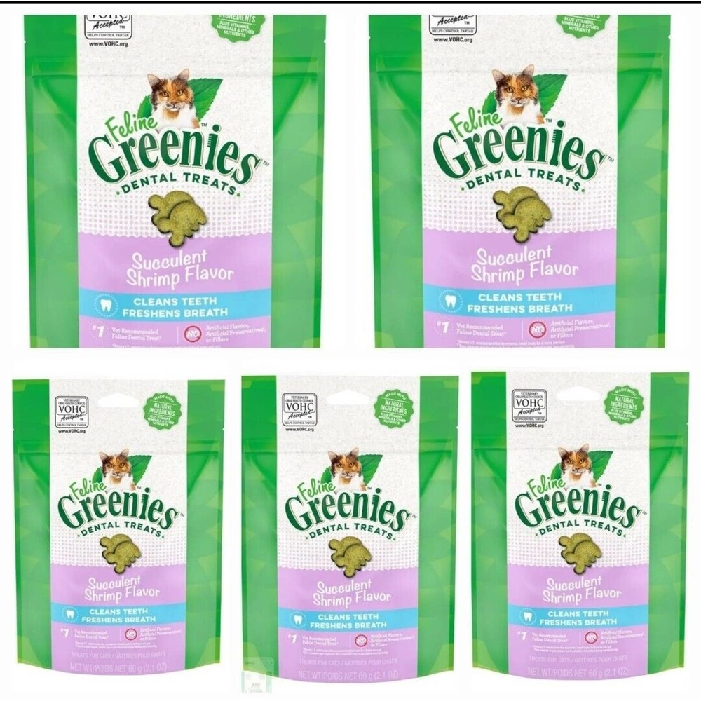 NEW Greenies Feline Succulent Shrimp Flavor Dental Cat Treats, 2.1 oz, PACK OF 5